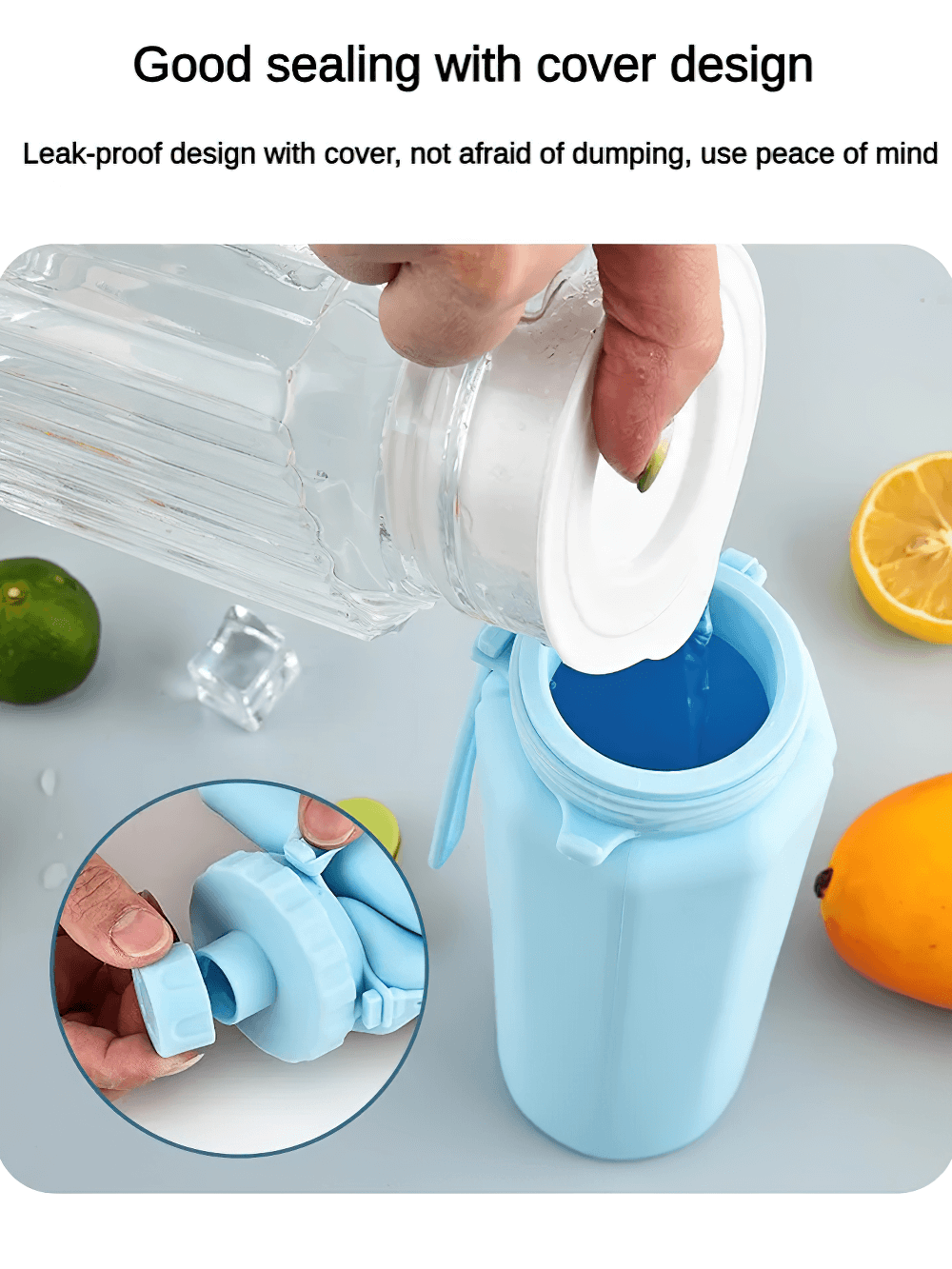 Pouring water into Portable Collapsible Bottle for Travel and Gym - SF3490, highlighting leakproof lid and foldable design.